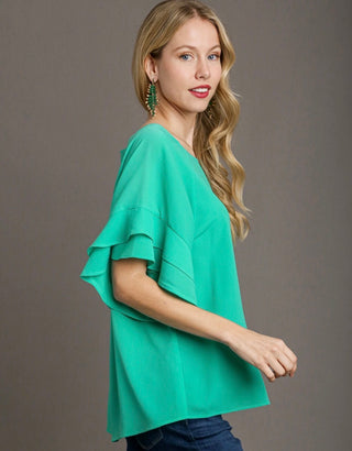 Emerald Ruffle Sleeve Shirt-210 Womens Top-Umgee-Baby In Bloom