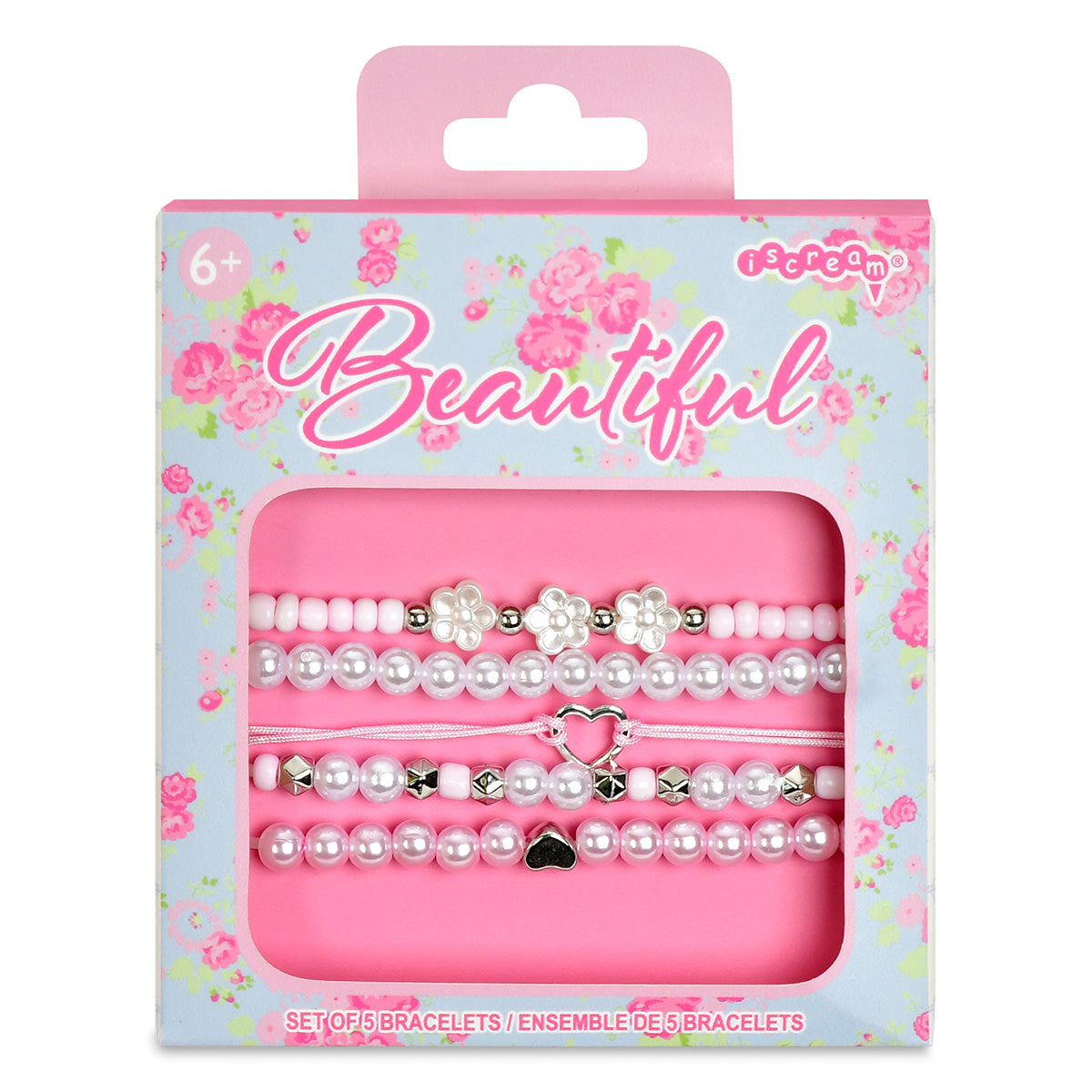 Packaged set of bracelets with floral design and 'Beautiful' text on the packaging.
