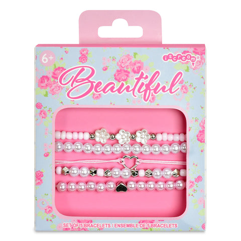 Packaged set of bracelets with floral design and 'Beautiful' text on the packaging.