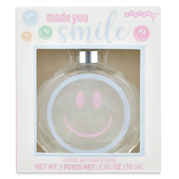 Perfume bottle with smiley face design in a 'made you smile' branded box.