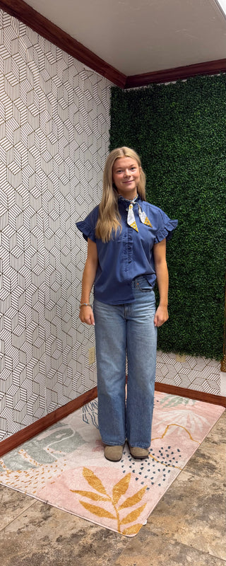 Willow Ruffle Neck Flutter Sleeve Denim Blouse-210 Womens Top-She & Sky-Baby In Bloom