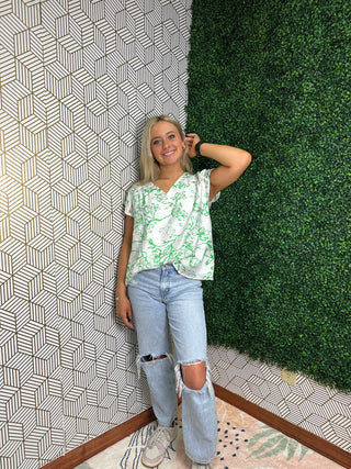 White and Green Floral Top