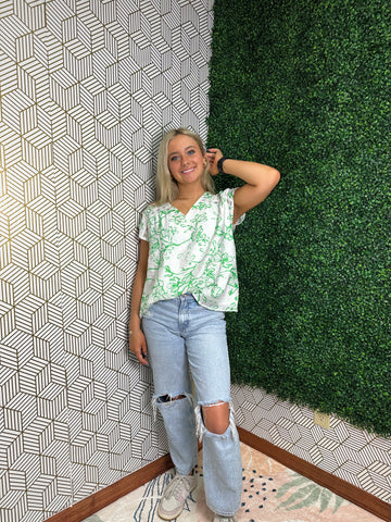 White and Green Floral Top