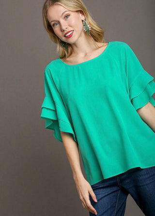 Emerald Ruffle Sleeve Shirt-210 Womens Top-Umgee-Baby In Bloom