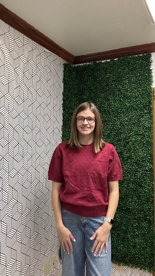 Luxe Burgundy Diamond-Stitch Knit Sweater Tee-210 Womens Top-She & Sky-Baby In Bloom