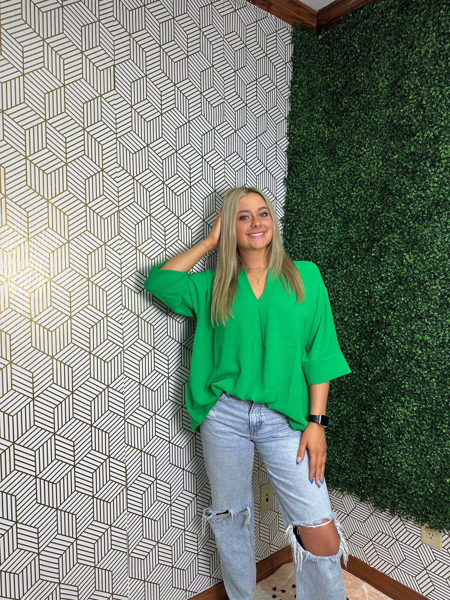 Kelly Green V Neck Top