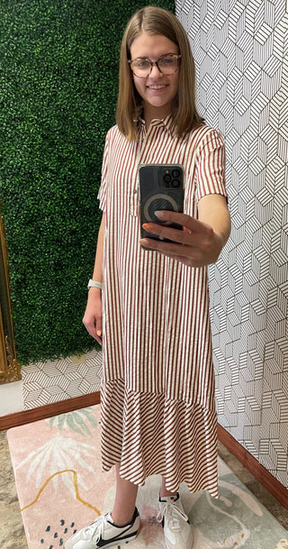 Long rust stripe Ruffle Dress 