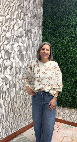 Vintage Cowboy Toile Graphic Pullover | Western Desert Chic Top-210 Womens Top-Blu Pepper-Baby In Bloom