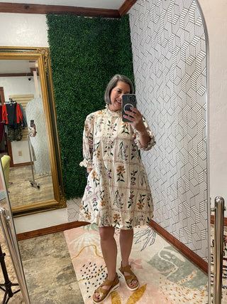 Ecru floral tie waist dress