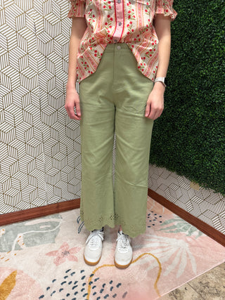 Matcha Green Straight-Leg Denim with Floral Embroidered Hem-220 Womens Bottoms-Entro-Baby In Bloom
