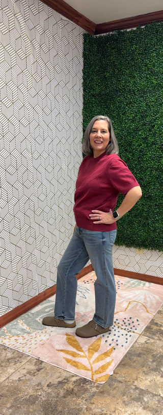 Luxe Burgundy Diamond-Stitch Knit Sweater Tee-210 Womens Top-She & Sky-Baby In Bloom
