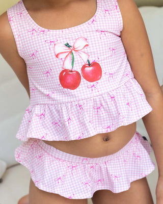 Astrid Pink Gingham Cherry Flutter 2-Piece Swimsuit – Girls' Ruffle Tankini-150 Kids Sets-Lev Baby-Baby In Bloom