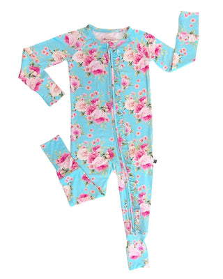 Alana Floral Ruffle Two-Way Zipper Footie – Buttery Soft Baby Sleeper-110 Footie/pjs/coverall/gown-Lev Baby-Baby In Bloom