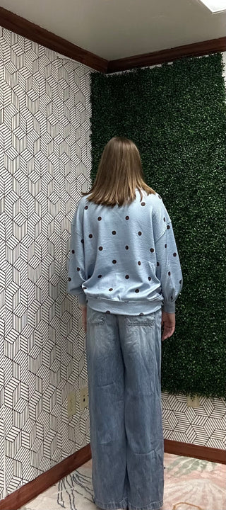 Sky Blue Polka Dot V-Neck Textured Knit Top-210 Womens Top-Blu Pepper-Baby In Bloom