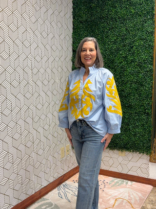 Aurelia Embroidered Ruffle Neck Blouse – Blue & Mustard Artisan Top