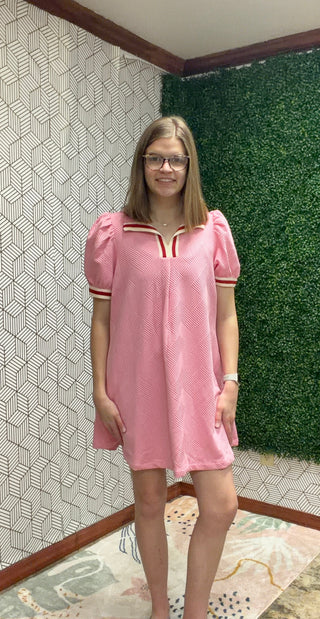Pink Textured Dress with Contrast Stripes