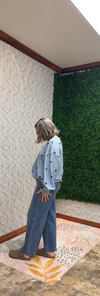 Sky Blue Polka Dot V-Neck Textured Knit Top-210 Womens Top-Blu Pepper-Baby In Bloom