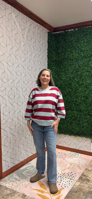 Sloane Relaxed Burgundy Striped 3/4 Sleeve Pullover