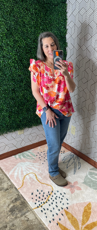Orange Shirred Floral Print Top