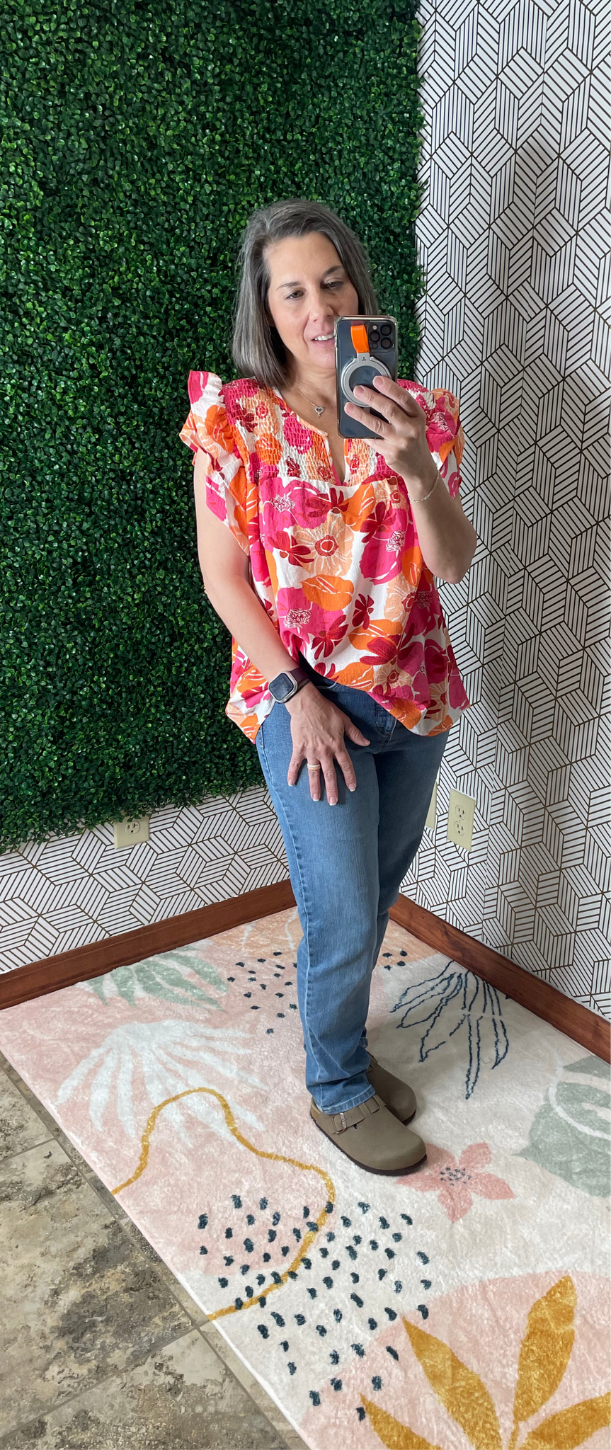 Orange Shirred Floral Print Top