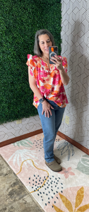 Orange Shirred Floral Print Top