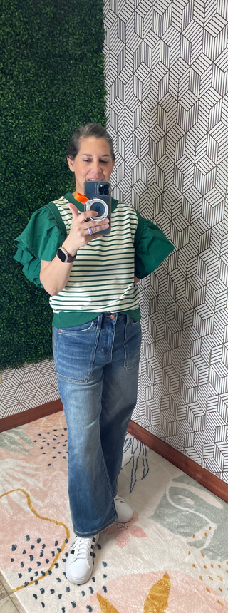 Green Stripe Ruffled Sleeve Shirt
