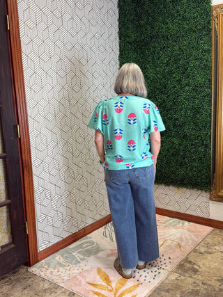 Isla Floral Boho V-Neck Top-Vibrant Turquoise Flutter Sleeve Shirt-210 Womens Top-Little Daisy Closet-Baby In Bloom