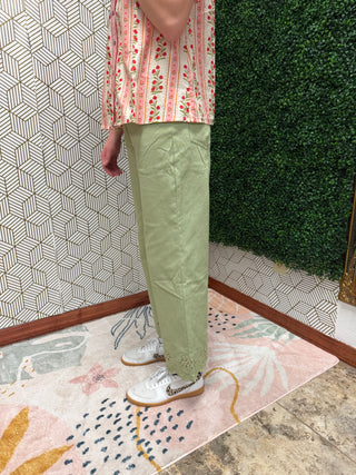 Matcha Green Straight-Leg Denim with Floral Embroidered Hem-220 Womens Bottoms-Entro-Baby In Bloom