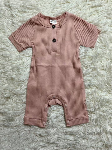 Ribbed Short Sleeve Button Up Romper