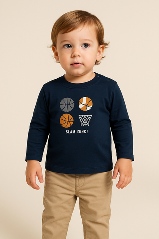 Child wearing a navy blue long-sleeve shirt with basketball graphics and text on a beige background