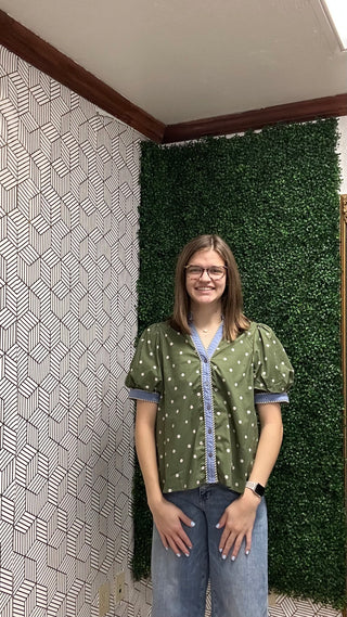 Olive Polka Dot Puff Sleeve Blouse - Effortless Easy-Care Top