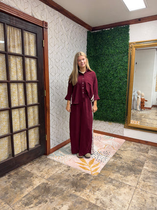 Aria Burgundy Striped Co-ord Set | Chic Wide-Leg Loungewear-210 Womens Top-She & Sky-Baby In Bloom