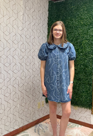 Bow Pattern Denim Dress Small