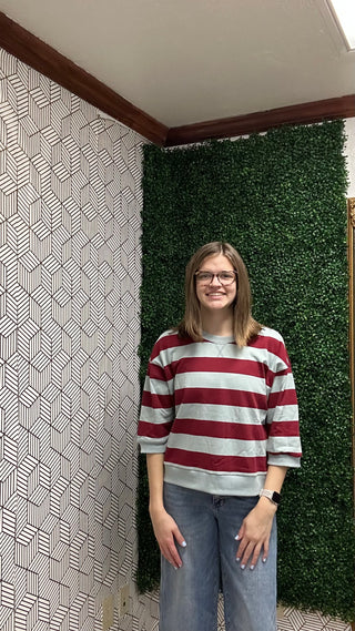 Sloane Relaxed Burgundy Striped 3/4 Sleeve Pullover