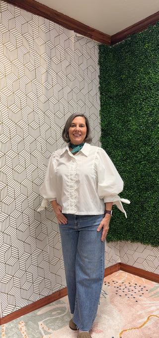 White Dressy Blouse with Scallops and Bow Details