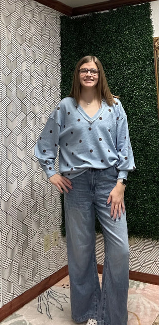 Sky Blue Polka Dot V-Neck Textured Knit Top-210 Womens Top-Blu Pepper-Baby In Bloom