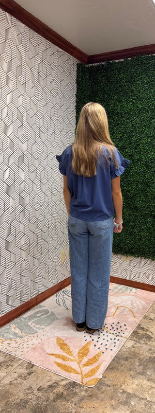 Willow Ruffle Neck Flutter Sleeve Denim Blouse-210 Womens Top-She & Sky-Baby In Bloom