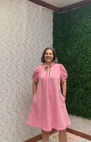Pink Textured Dress with Contrast Stripes