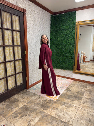 Aria Burgundy Striped Co-ord Set | Chic Wide-Leg Loungewear-210 Womens Top-She & Sky-Baby In Bloom