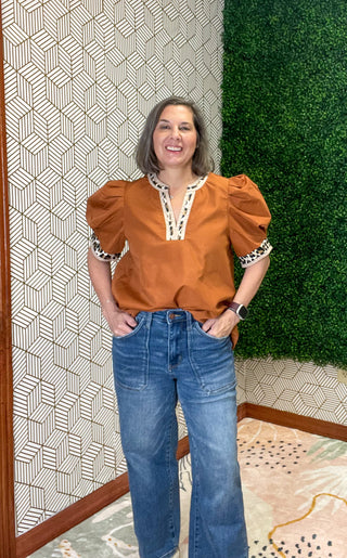 Caramel top with leopard accent