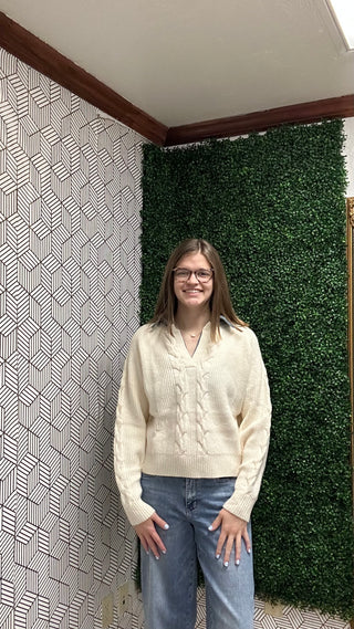 Aria Cable Knit Collared Polo Sweater - Cream-210 Womens Top-She & Sky-Baby In Bloom