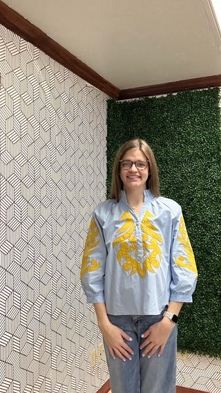 Aurelia Embroidered Ruffle Neck Blouse – Blue & Mustard Artisan Top