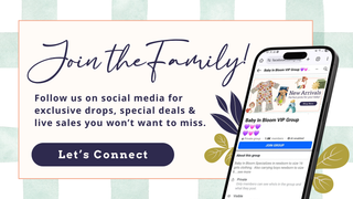 Promotional graphic for a baby product brand with a phone screen showing a VIP group join page | Follow us on Social Media | Baby in Bloom | Kingfisher, OK