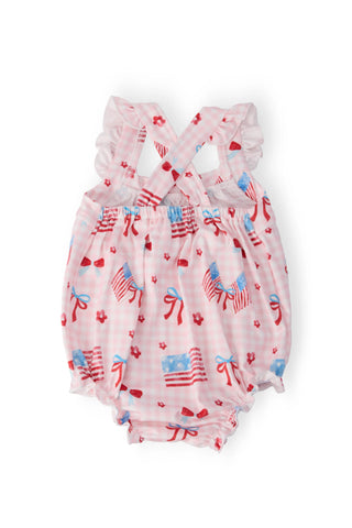 Patriotic Pink Gingham Ruffle Cross-Back Baby Romper – Fancy Flags Edition-160 Dress/Romper/Jumpsuit-Mila & Rose-Baby In Bloom