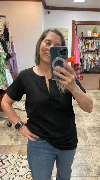 V-Neck Waffle Weave Shirt Black