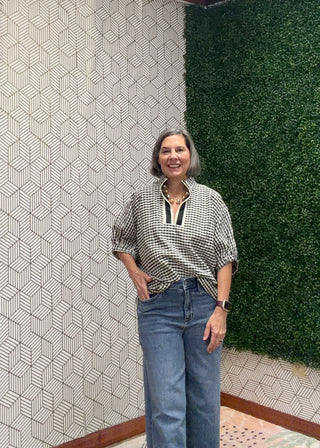 Black and White Gingham V-Neck Women’s Blouse