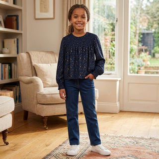 Aurora Metallic Smocked Blouse – Navy & Gold Cotton-130 Kids Tops-Mayoral USA-Baby In Bloom
