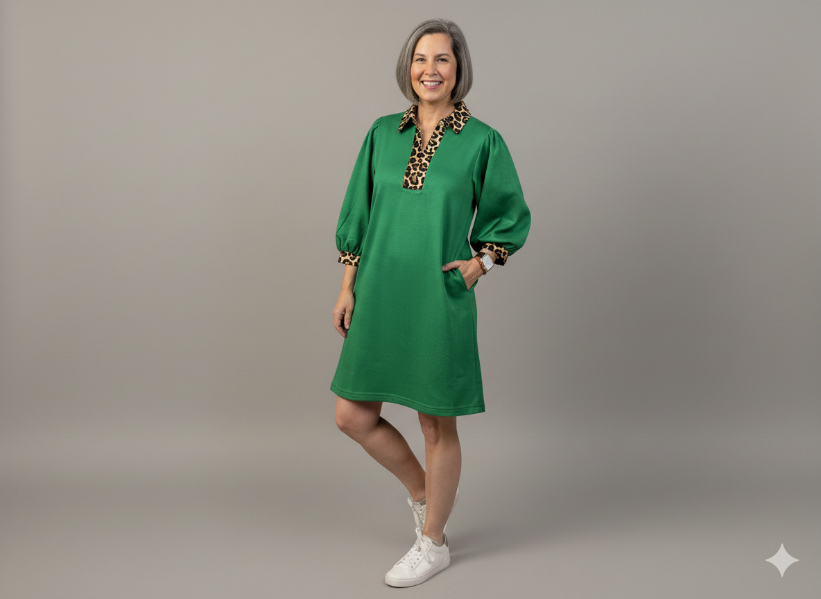 Woman wearing a green dress with leopard print accents on a gray background
