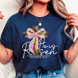 Women’s He Is Risen Cross & Bow Easter Shirt – Matthew 28:6 Faith Tee-Distress-Gia Gifts-Baby In Bloom