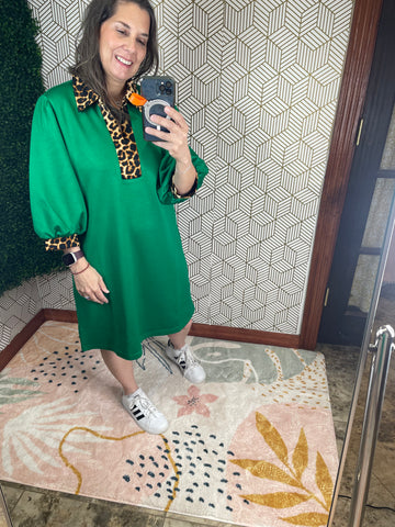 Green Dress with Leopard Accents 